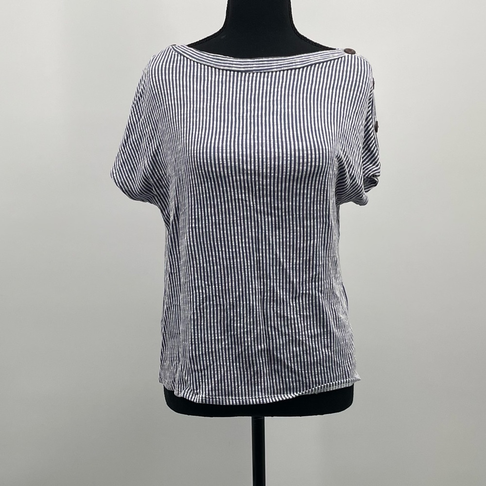W5 Blue & White Striped Blouse Button Shoulder Detail Top |Casual Nautical S